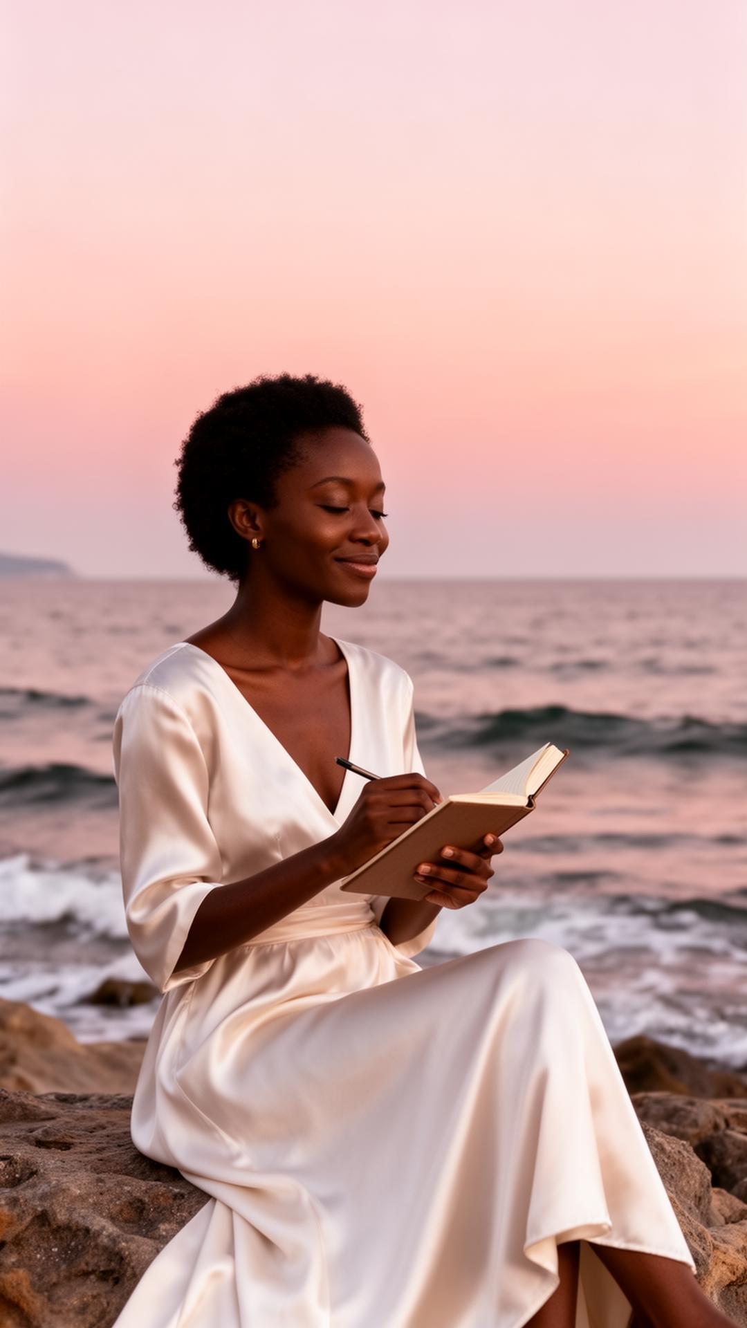 A woman in white silk journaling at sunset by the ocean